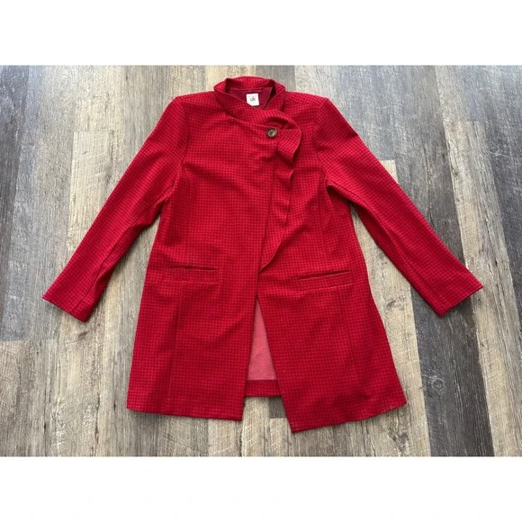 Cabi Red Houndstooth Topper Coat Asymmetrical Ruffle Front Jacket 3546 Womens L - Picture 1 of 6